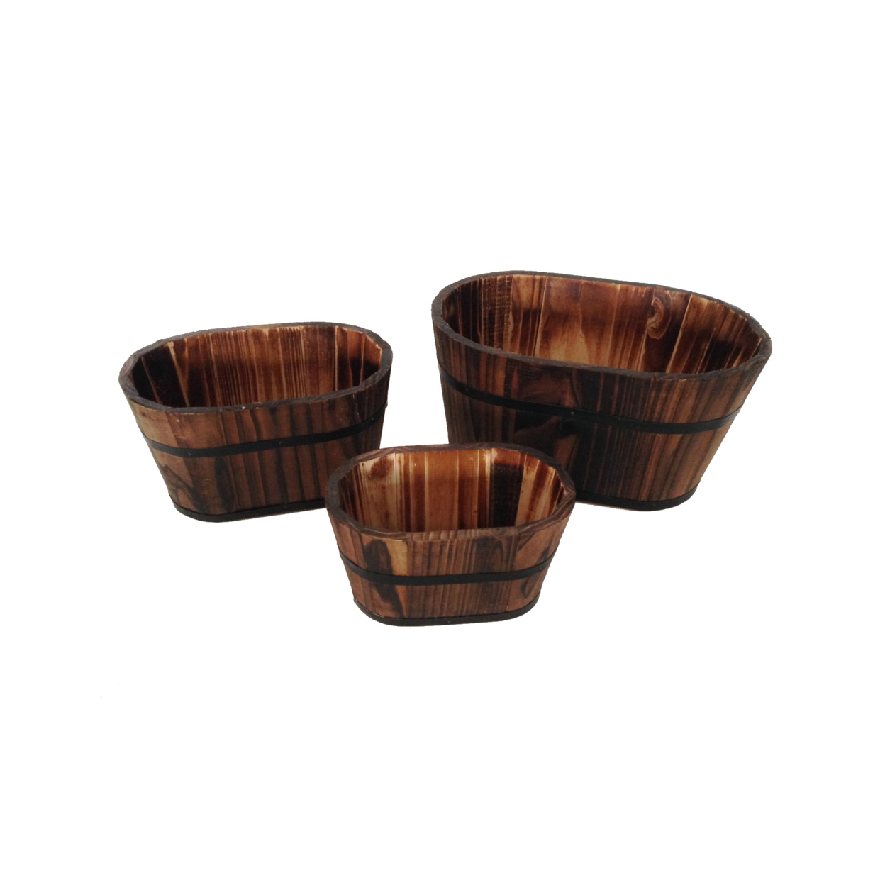 Traditional Oval Shaped Wooden Planters With Narrow Bottom, Set Of 3, Brown- Saltoro Sherpi