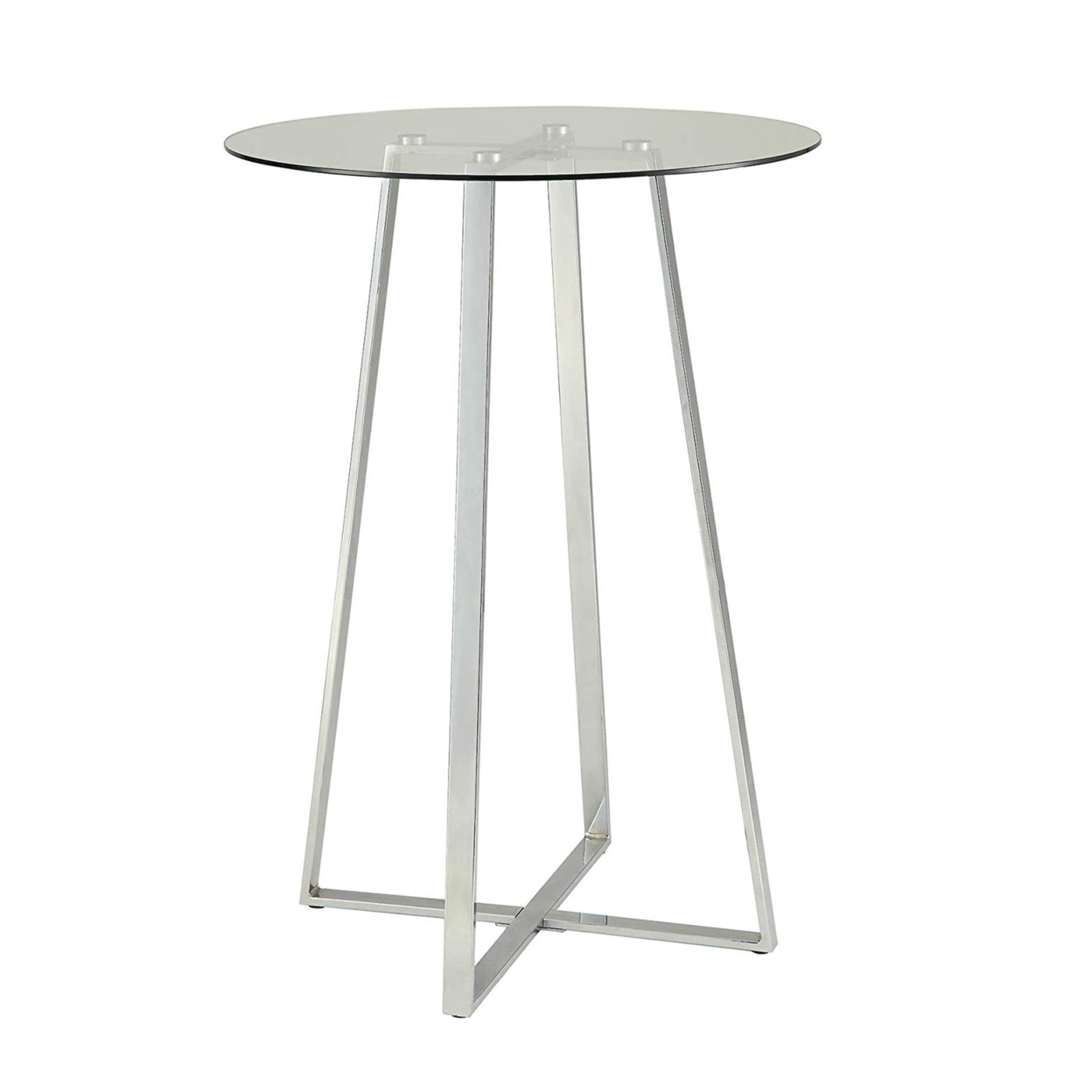 Round Glass Top Metal Frame Bar Table With Angled Legs, Silver And Clear- Saltoro Sherpi