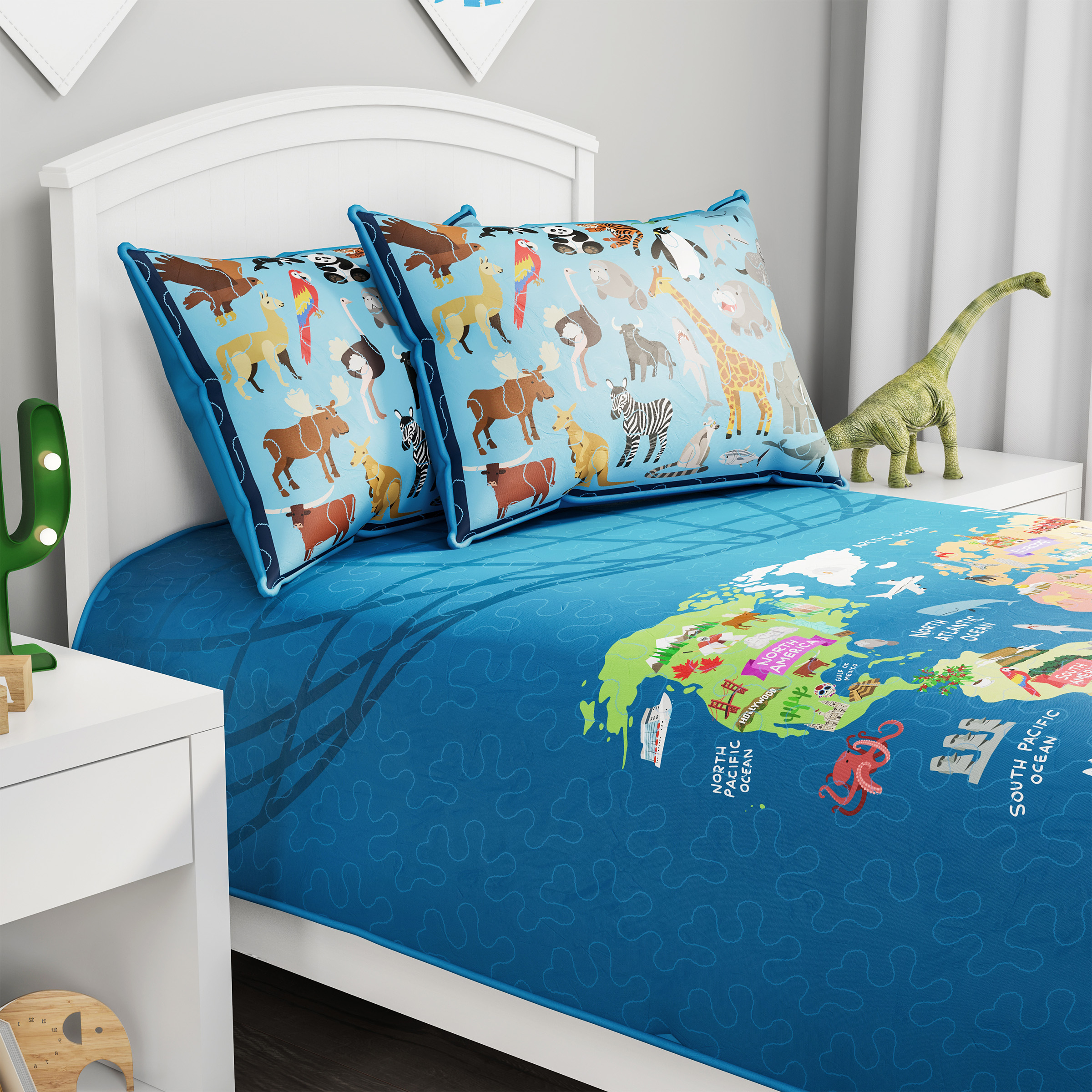 Twin XL Comforter Set World Map 2 Pillow Shams With Animals Kids Bedding 3 Pc Set Childs Room