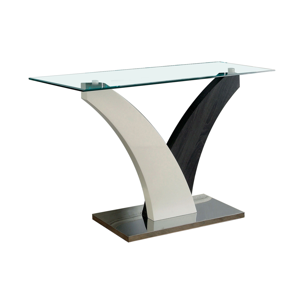 Sofa Table With Curved V Base And Rectangular Glass Top, White And Gray- Saltoro Sherpi
