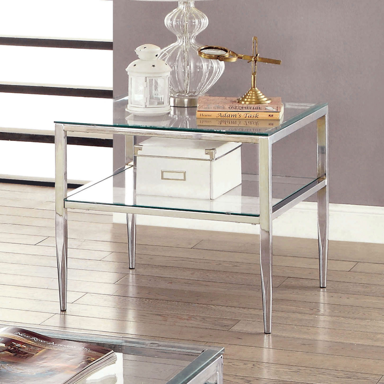 Metal Square End Table, Glass Top, Open Shelf, Chrome- Saltoro Sherpi