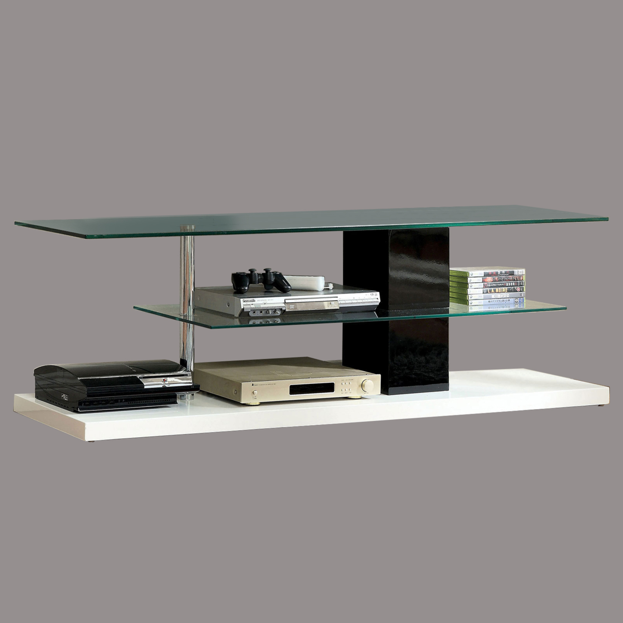 Contemporary Style TV Console With Glass Top And Pedestal Base, Multicolor- Saltoro Sherpi