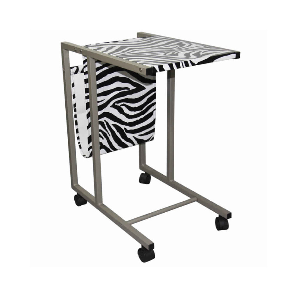 Fabric And Metal Laptop Cart With Animal Print, White And Black- Saltoro Sherpi