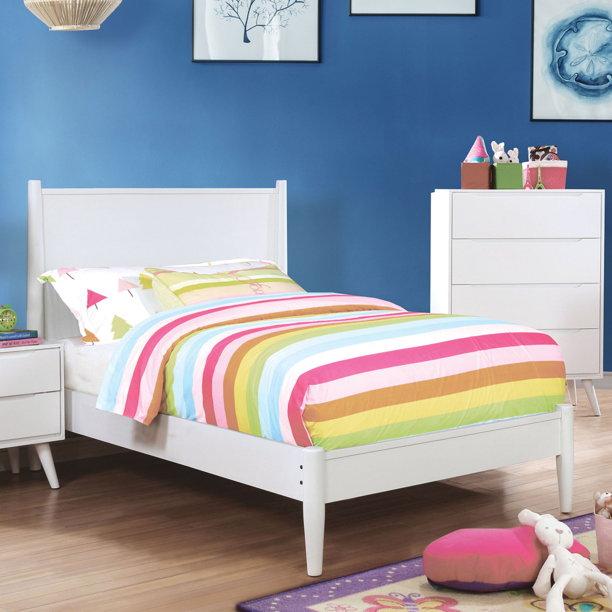 Wooden Transitional Twin Bed With Round Tapered Legs, White- Saltoro Sherpi