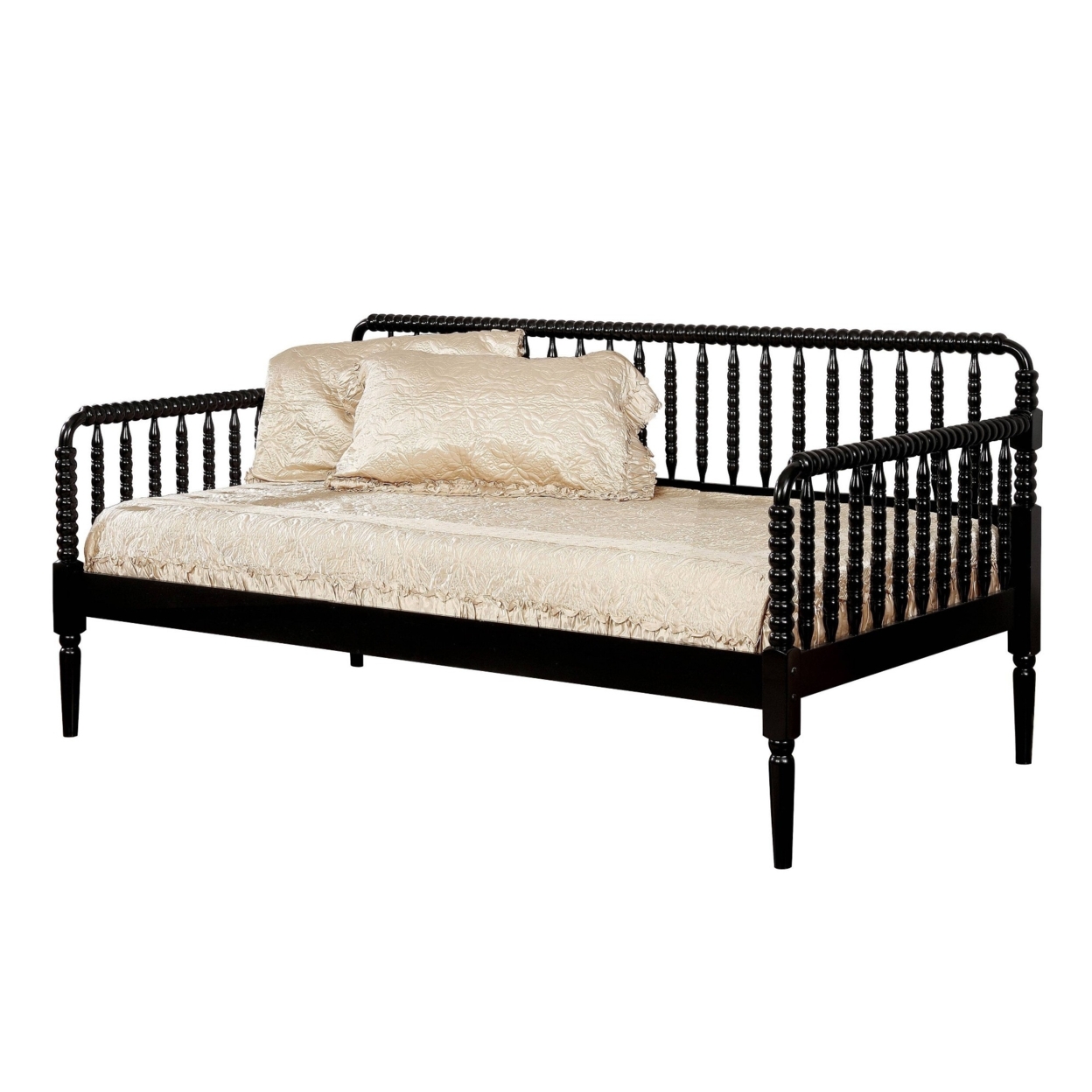 Wooden Twin Size Daybed With Spool Bed Frame And Railing Headboard, Black- Saltoro Sherpi