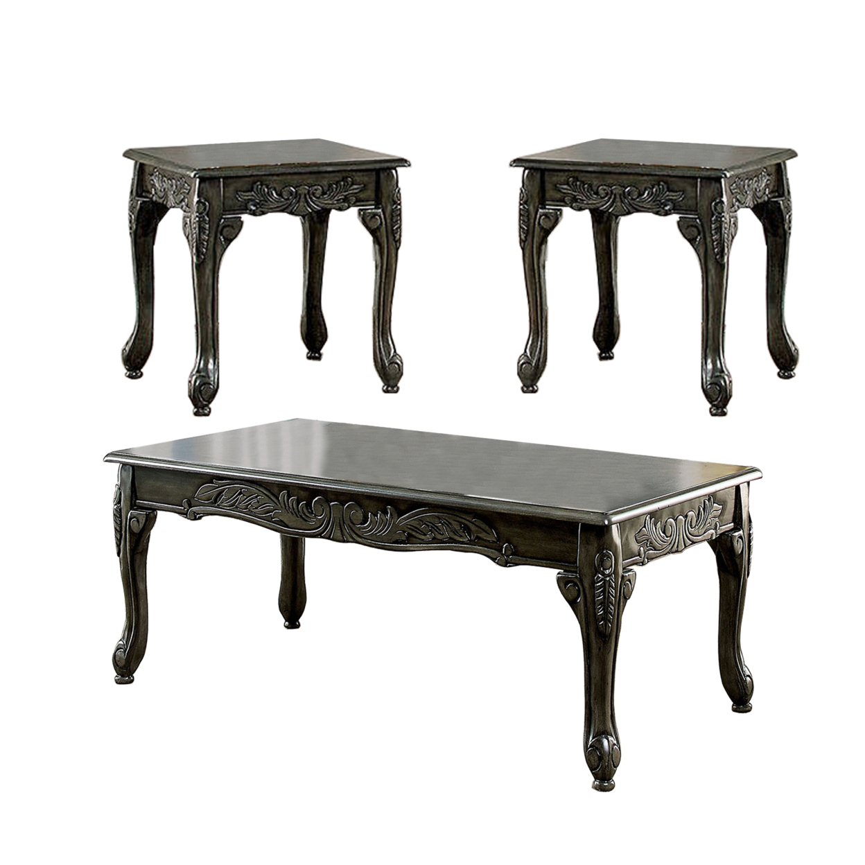 3 Piece Table Set With Cabriole Legs And Wooden Floral Motifs, Gray- Saltoro Sherpi