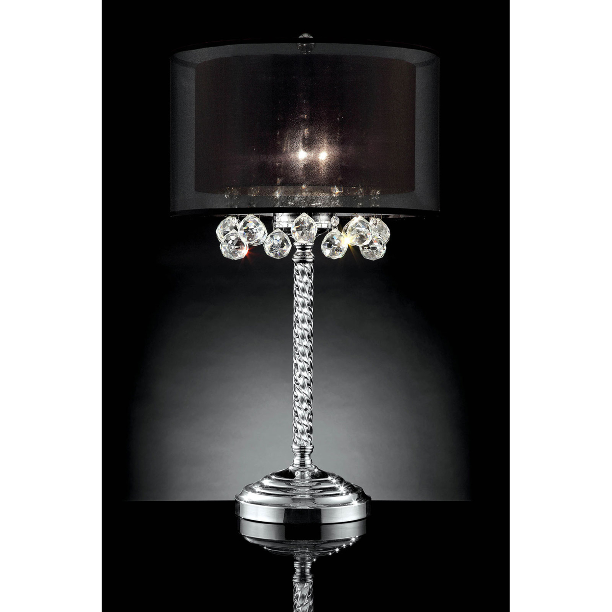 Table Lamp With Twisted Crystal Stand And Hanging Cystal Droplets, Silver- Saltoro Sherpi