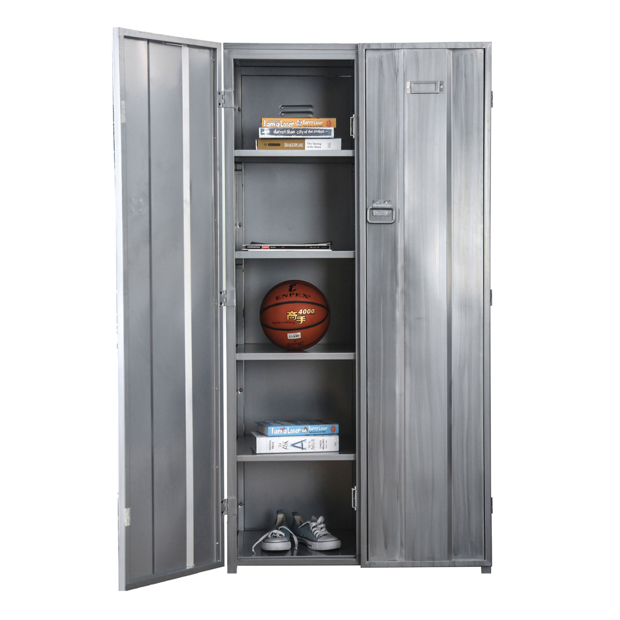 Industrial Metal Frame Large Accent Locker With Hanging Pull Handles, Silver- Saltoro Sherpi
