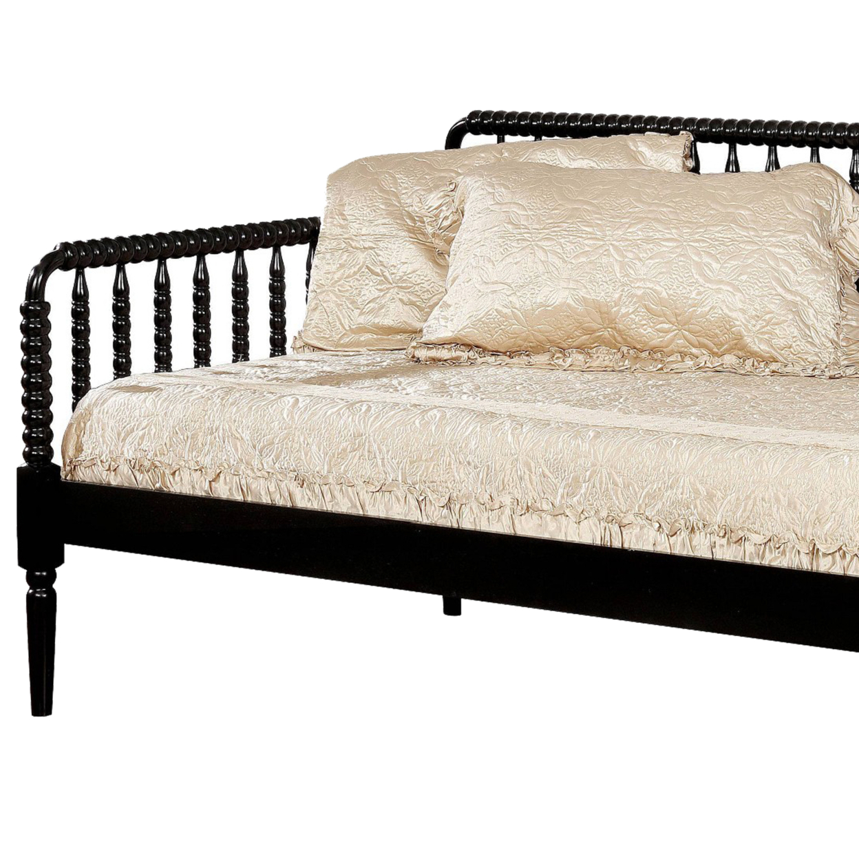 Wooden Twin Size Daybed With Spool Bed Frame And Railing Headboard, Black- Saltoro Sherpi