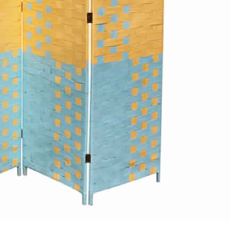 Paper Straw 4 Panel Screen With 2 Inch Wooden Legs, Blue And Yellow- Saltoro Sherpi