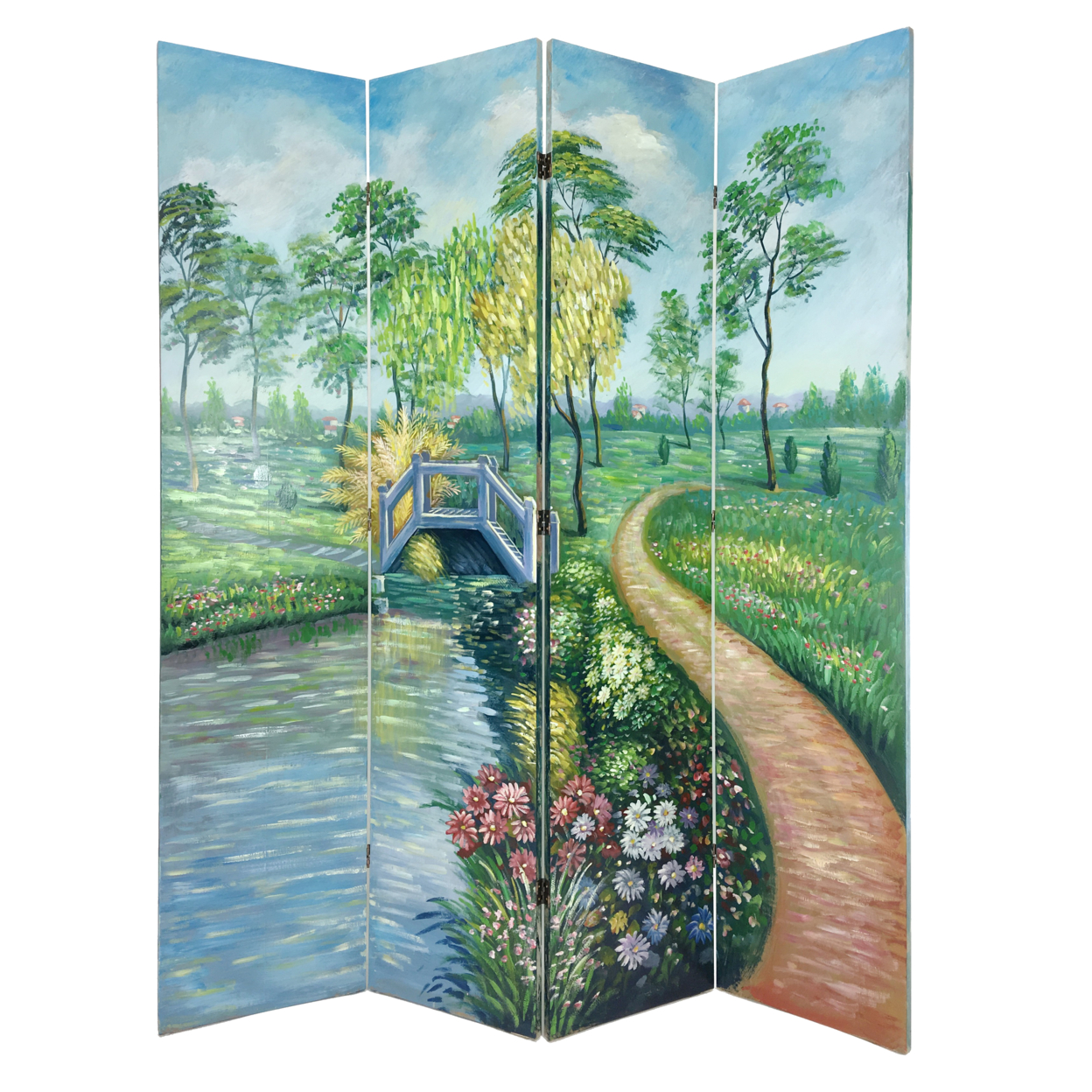 Wooden Double Sided 4 Panel Room Divider With Garden Scenes, Multicolor- Saltoro Sherpi