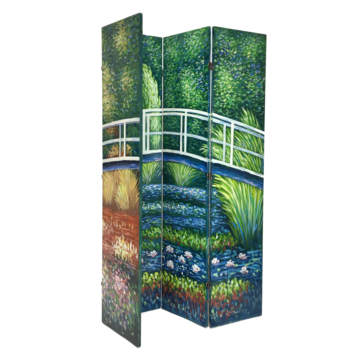 Wooden Double Sided 4 Panel Room Divider With Landscape Scene, Multicolor- Saltoro Sherpi