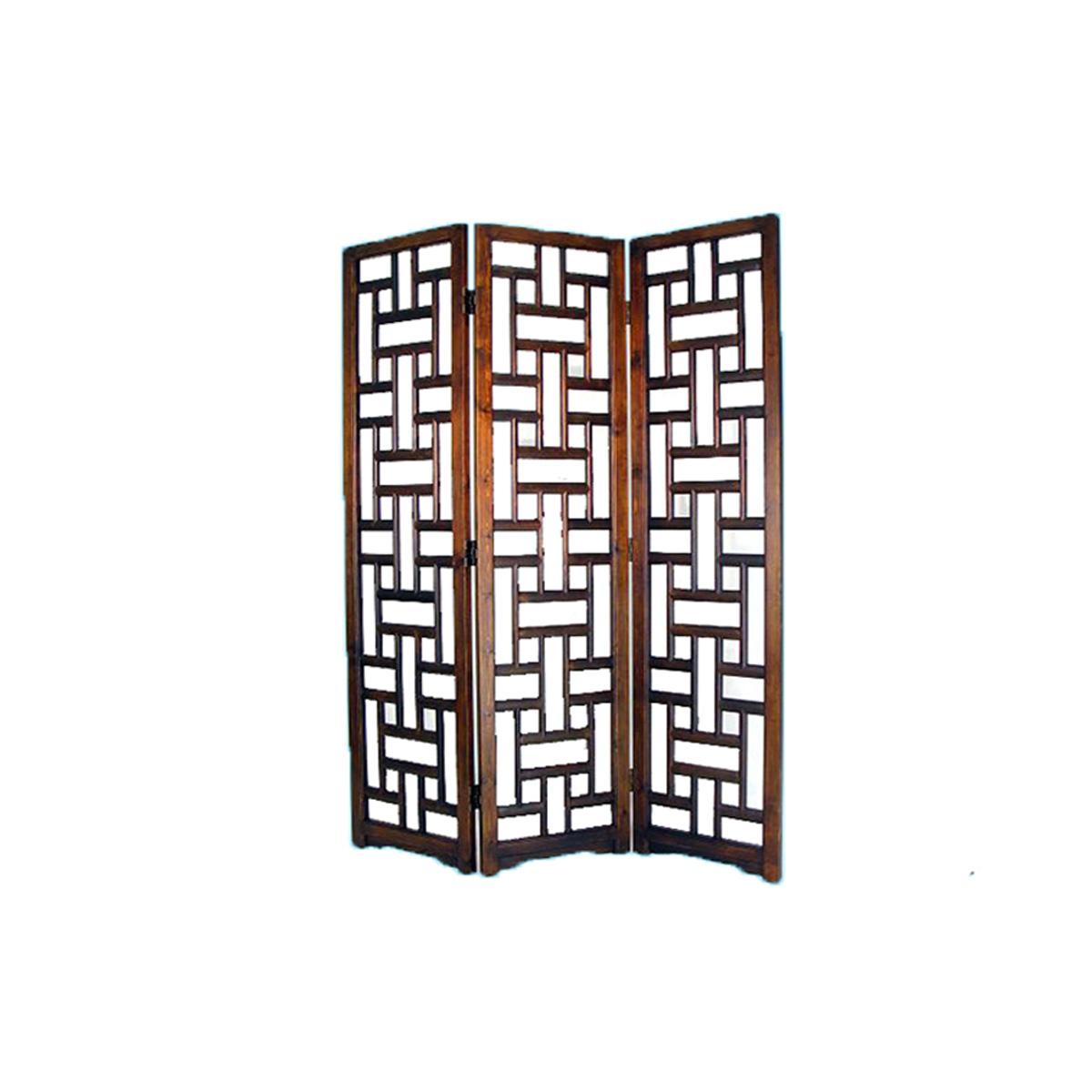 Wooden 3 Panel Room Divider With Cut Out Rectangle Pattern, Brown- Saltoro Sherpi