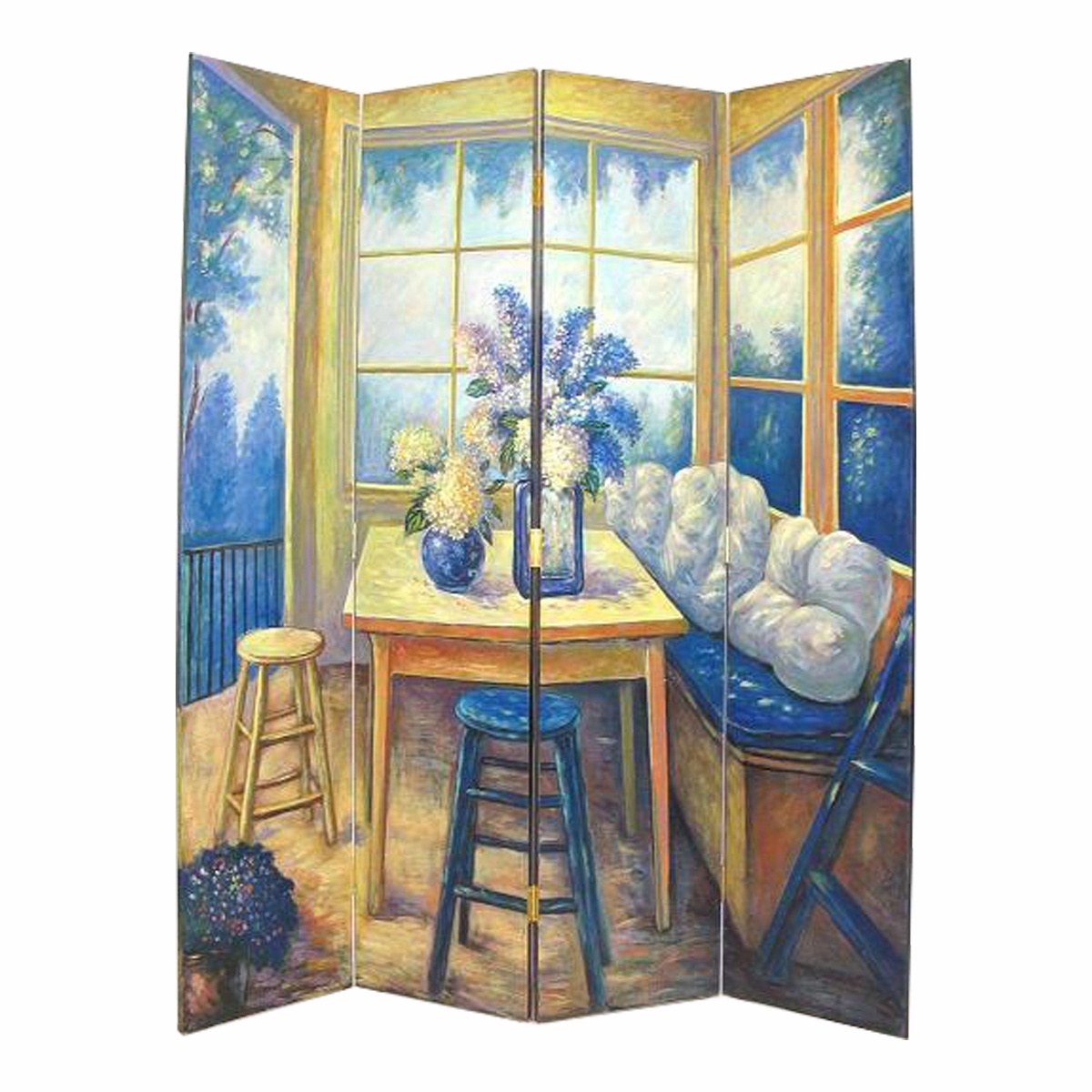 Wooden 4 Panel Room Divider With Den Interior Scene, Multicolor- Saltoro Sherpi