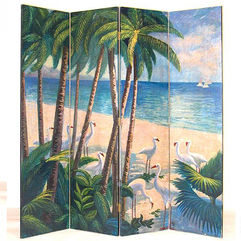 Wooden 4 Panel Room Divider With Beach Print, Multicolor- Saltoro Sherpi