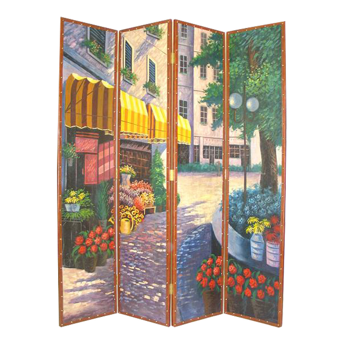 Leatherette Wooden 4 Panel Room Divider With Flower Market Theme,Multicolor- Saltoro Sherpi