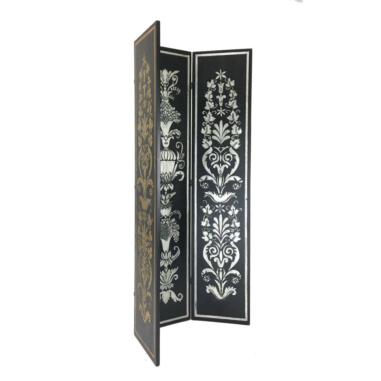 Wooden Double Sided 3 Panel Room Divider With Motifs, Multicolor- Saltoro Sherpi