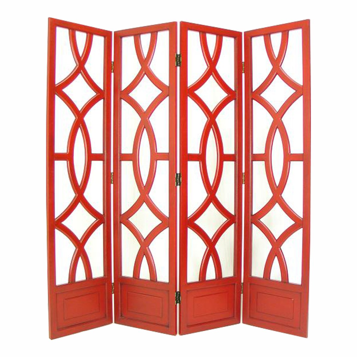 Wooden 4 Panel Room Divider With Open Geometric Design, Red- Saltoro Sherpi