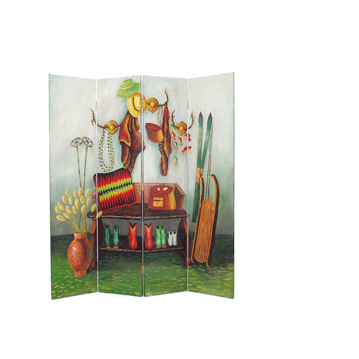 Wooden 4 Panel Room Divider With Cowboy Stuff Pictures, Multicolor- Saltoro Sherpi