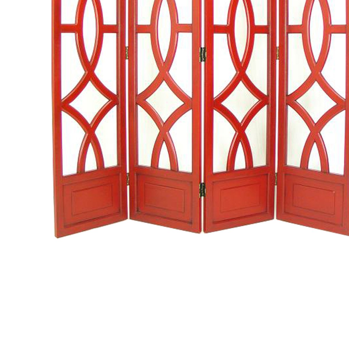 Wooden 4 Panel Room Divider With Open Geometric Design, Red- Saltoro Sherpi