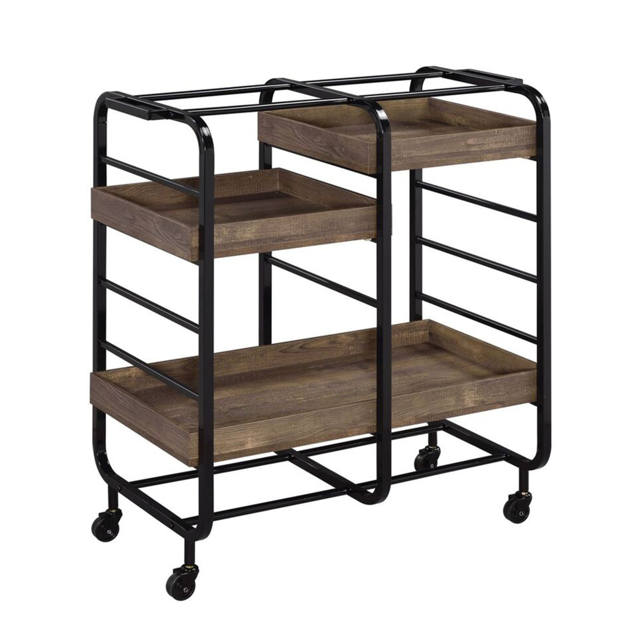 Metal Frame Serving Cart With 3 Open Storage And Casters, Brown And Black- Saltoro Sherpi