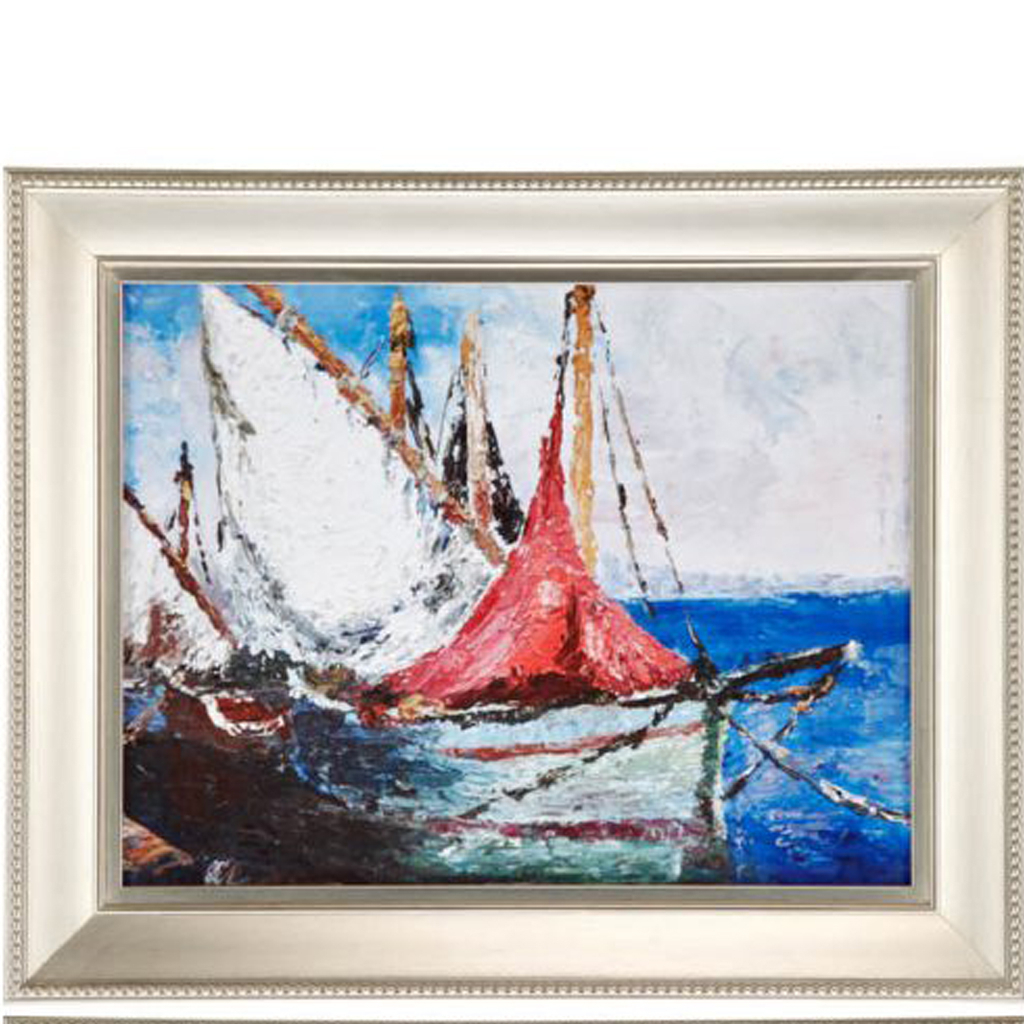 Modern Style Metal Frames With Boat Scene Paintings, Set Of 4, Silver- Saltoro Sherpi