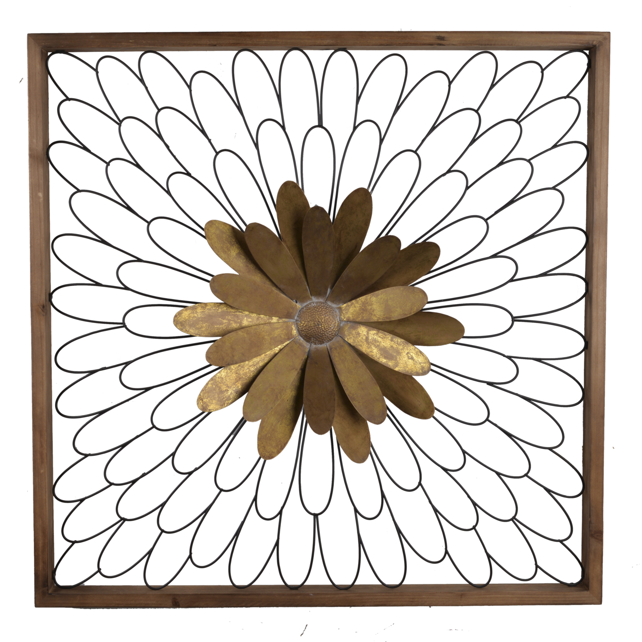 Metal Wall Decor With Wooden Frame And Leafy Flower, Bronze- Saltoro Sherpi