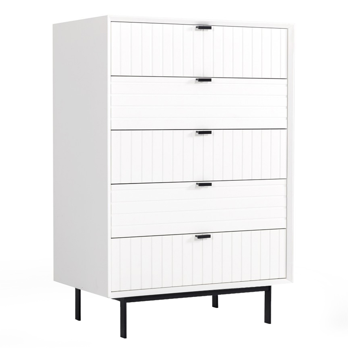 Wooden 5 Drawer Chest With Bar Pulls And Metal Straight Legs, White- Saltoro Sherpi