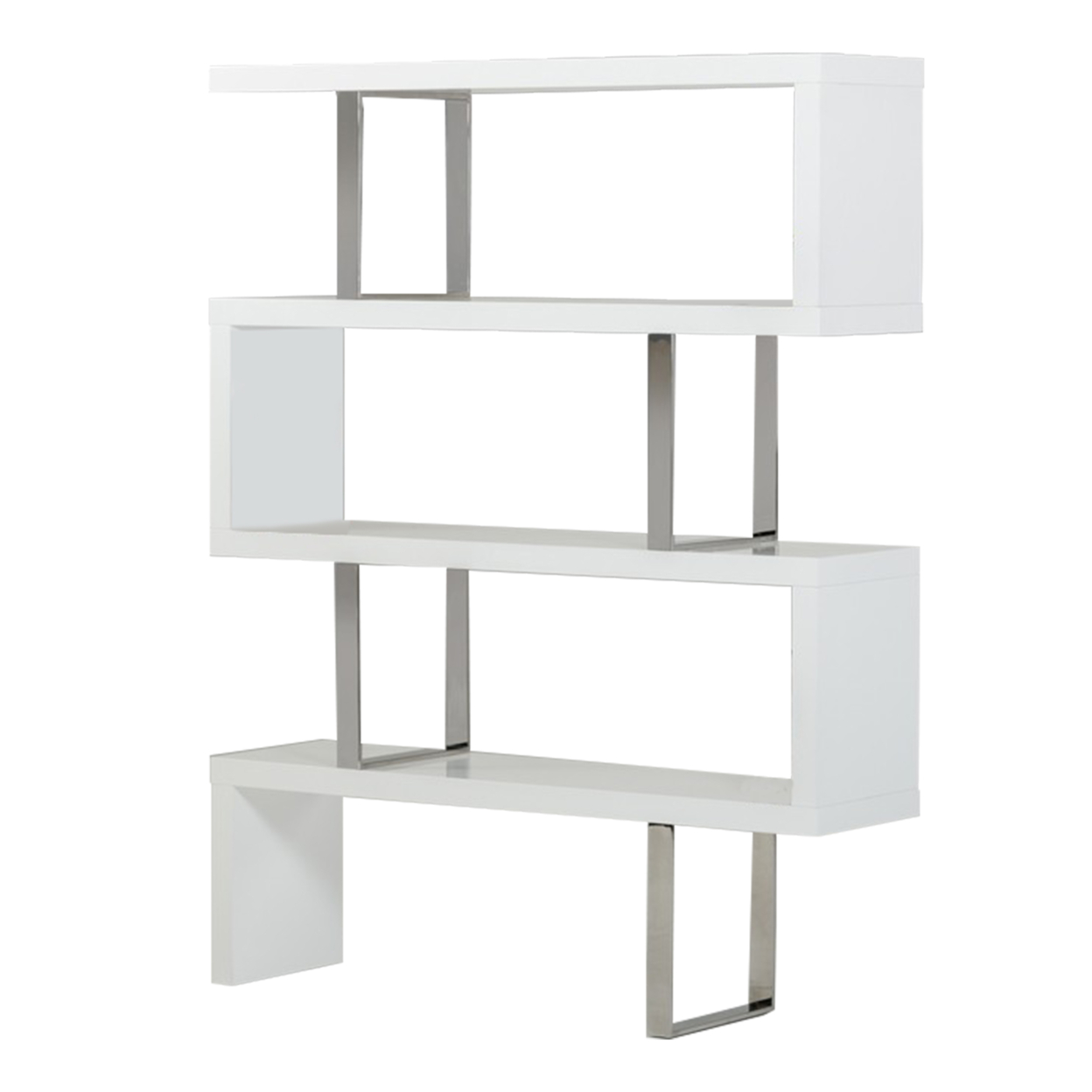 Zig Zag Wooden Frame Shelf Unit With Metal Braces Support, White And Silver- Saltoro Sherpi