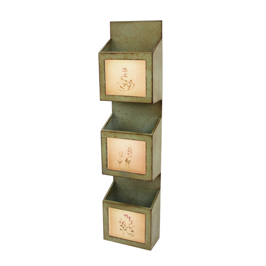 Rustic Wooden Wall Organizer With 3 Box Slots And Floral Pattern, Green- Saltoro Sherpi