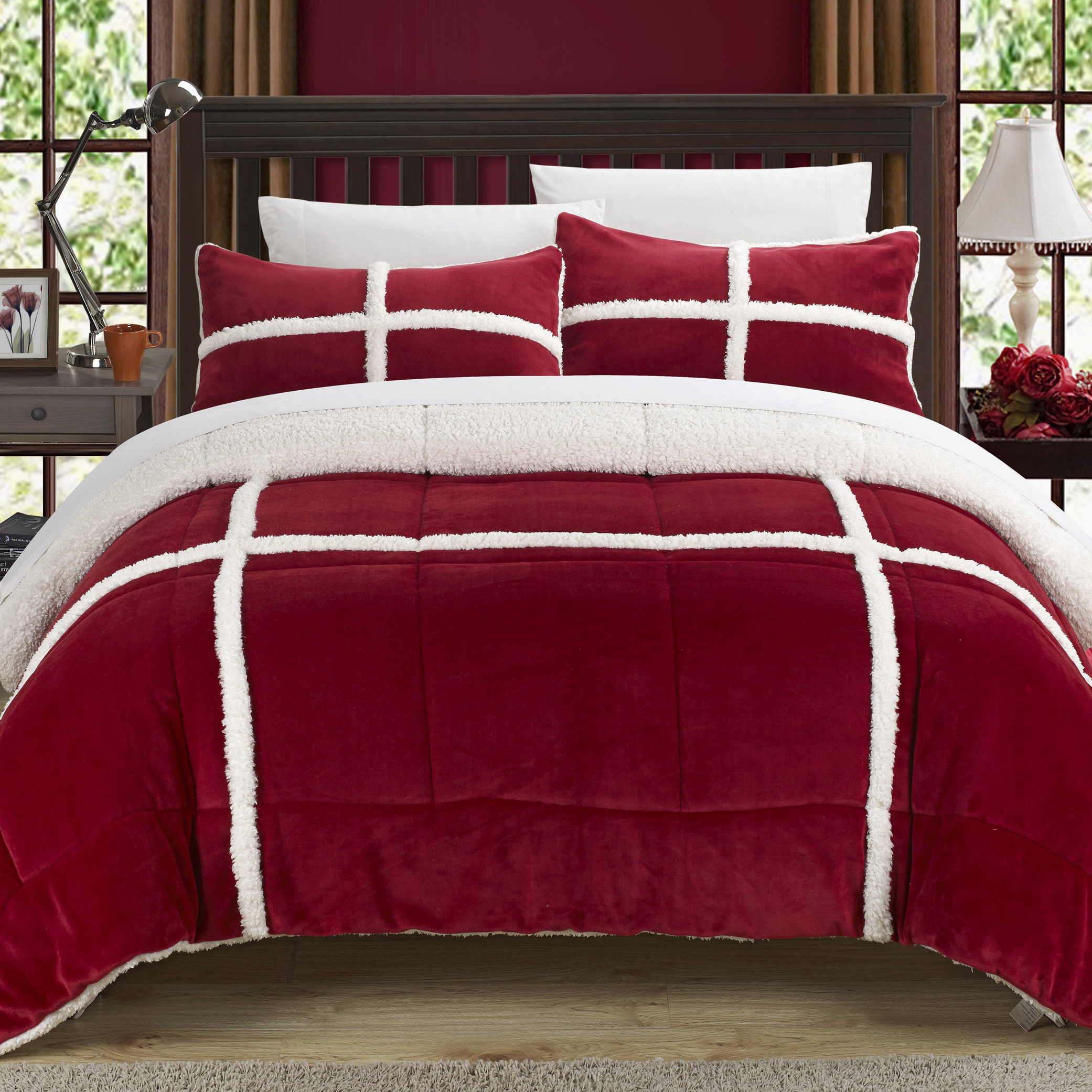 Chloe 3 Or 2 Piece Comforter Set Ultra Plush Micro Mink Sherpa Lined Bedding â Decorative Pillow Shams Included - Red, Queen - 3 Piece