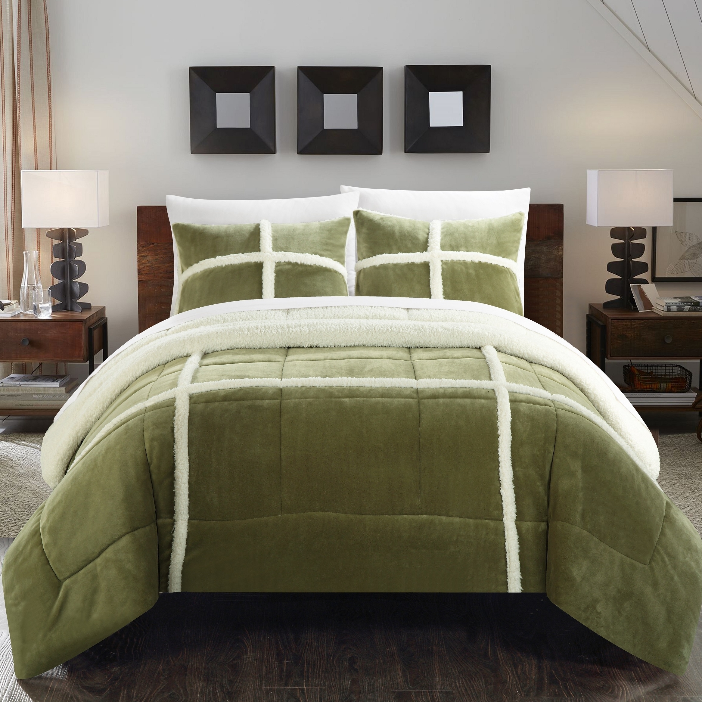 Chloe 3 Or 2 Piece Comforter Set Ultra Plush Micro Mink Sherpa Lined Bedding â Decorative Pillow Shams Included - Green, Twin - 2 Piece