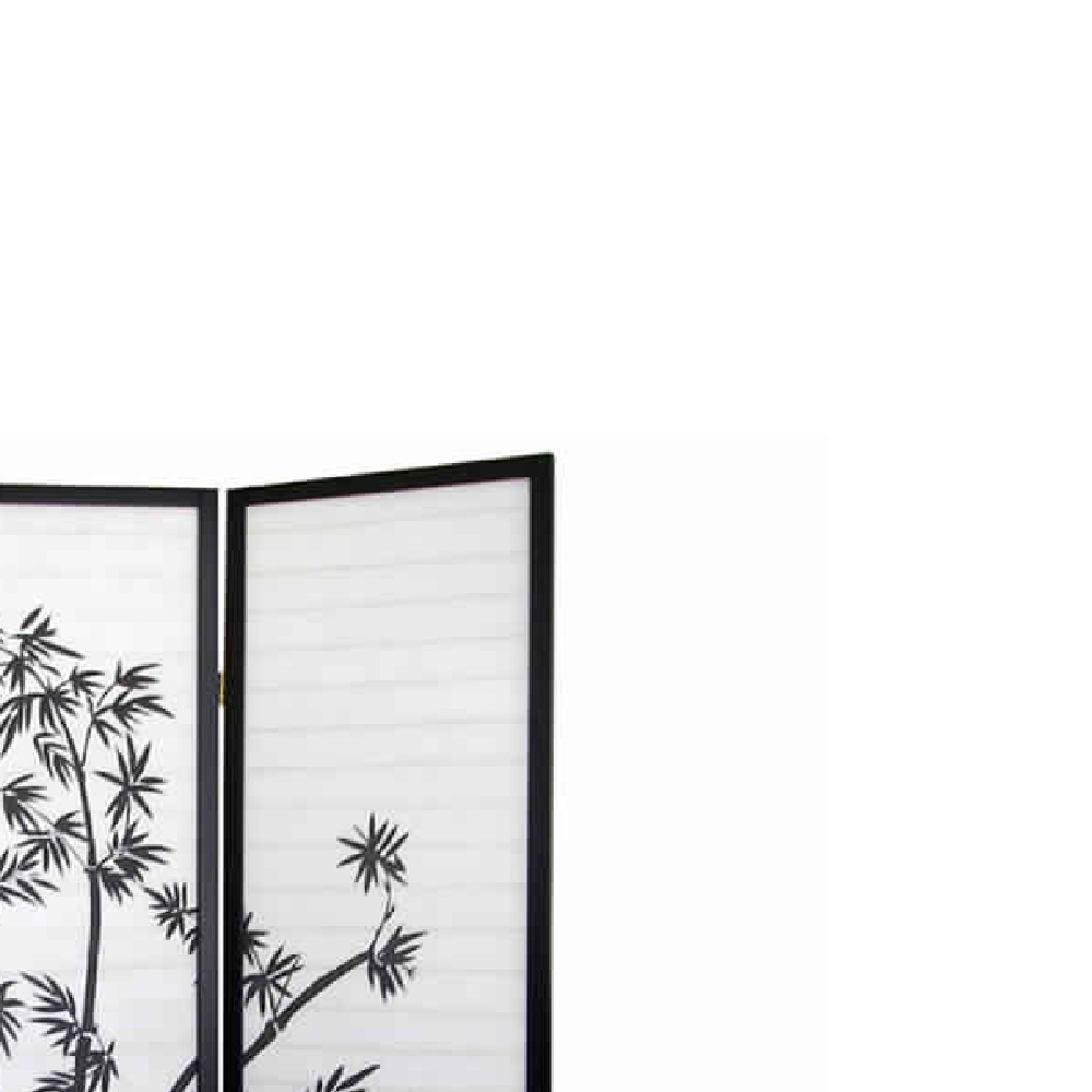 Wood And Paper 3 Panel Room Divider With Bamboo Print, White And Black- Saltoro Sherpi
