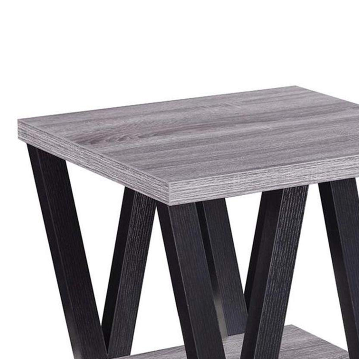 Zig Zag Contemporary Solid Wooden End Table With Bottom Shelf, Gray And Black- Saltoro Sherpi