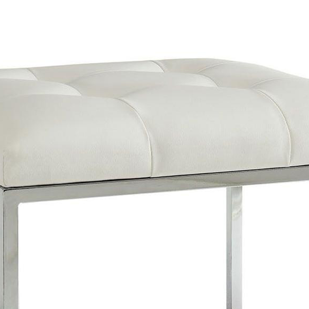 Leatherette Metal Frame Ottoman With Tufted Seating, White And Silver- Saltoro Sherpi