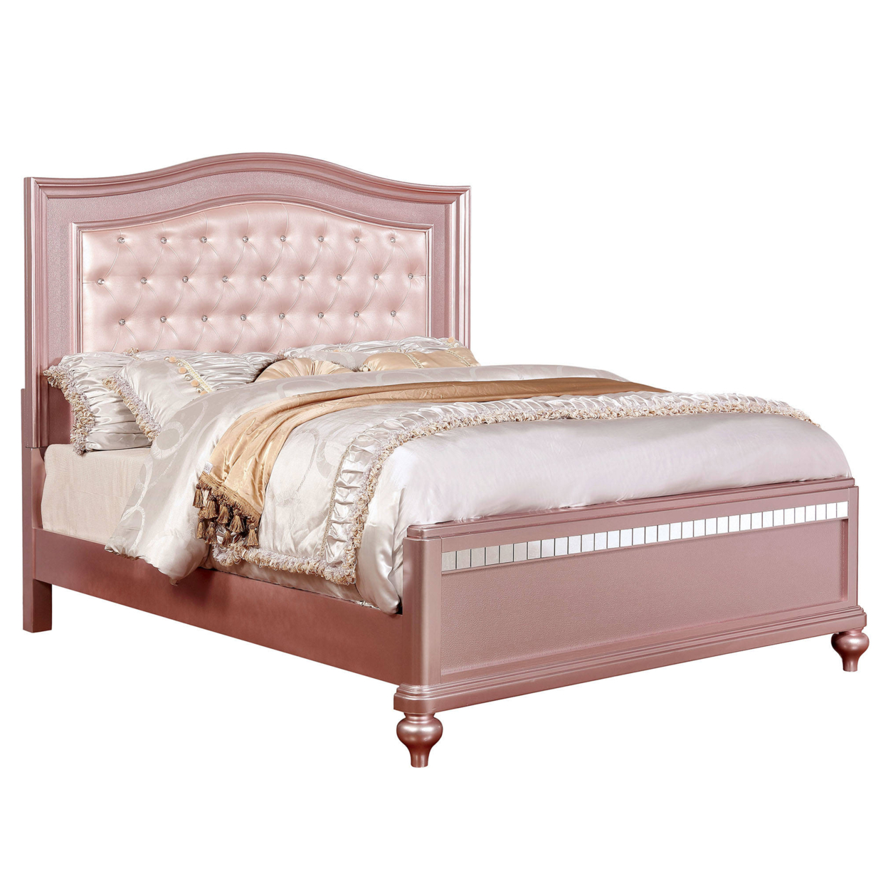 Twin Size Wooden Bed With Mirror Trim Details And Camelback Headboard, Pink- Saltoro Sherpi