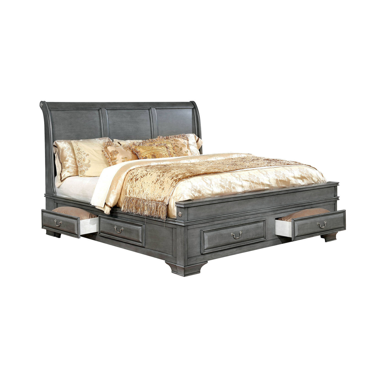 Transitional California King Wooden Bed With Multiple Bottom Drawers, Gray- Saltoro Sherpi
