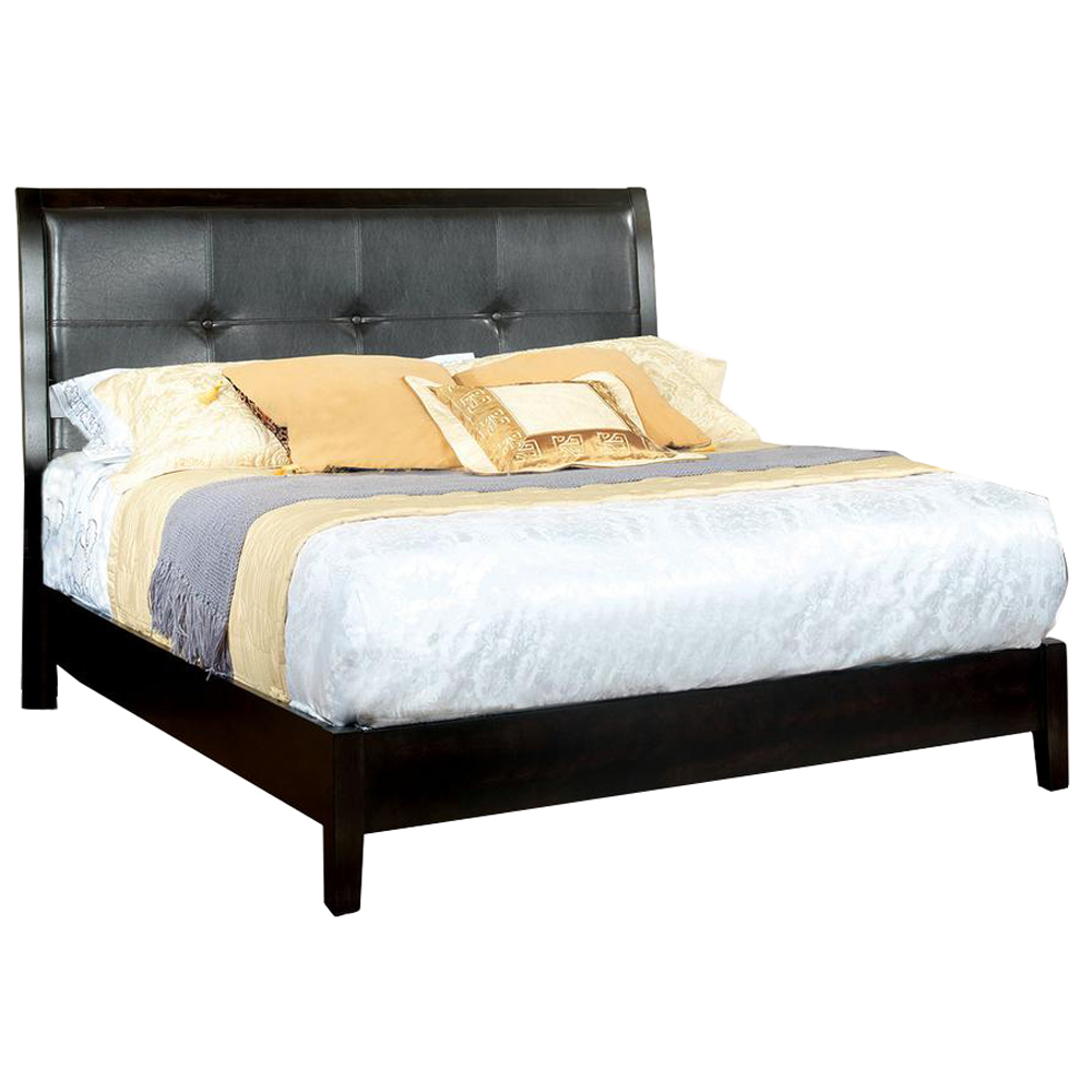 Wooden Queen Bed With Button Tufted Leatherette Headboard, Brown- Saltoro Sherpi