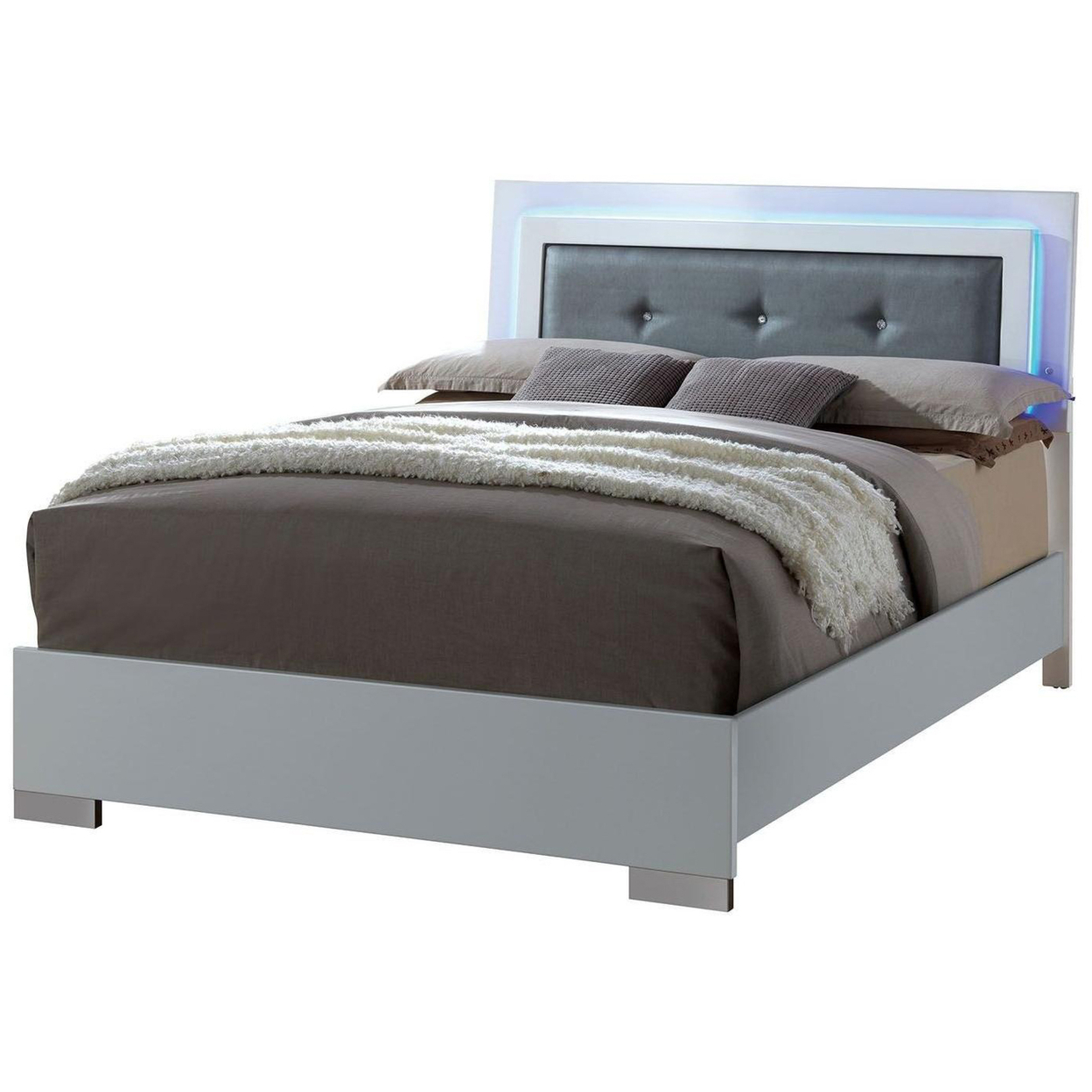 Wooden Queen Bed With Leatherette Headboard And LED Trims, White And Black- Saltoro Sherpi