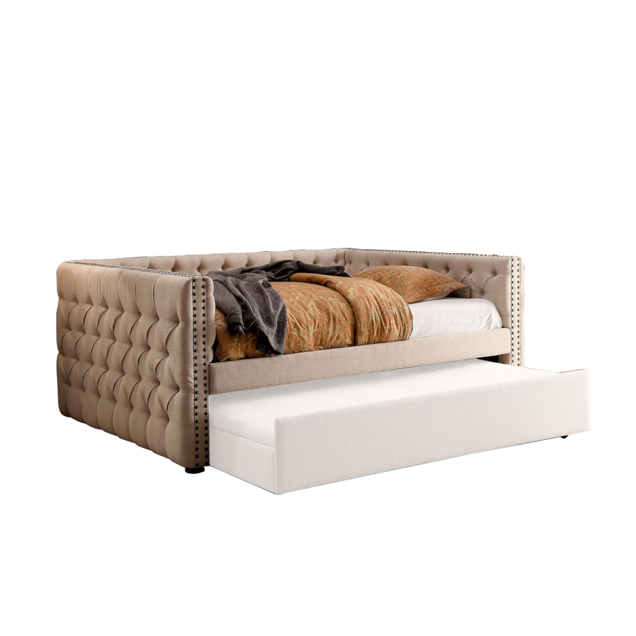 Fabric Upholstered Wooden Daybed With Diamond Button Tuftings, Beige- Saltoro Sherpi