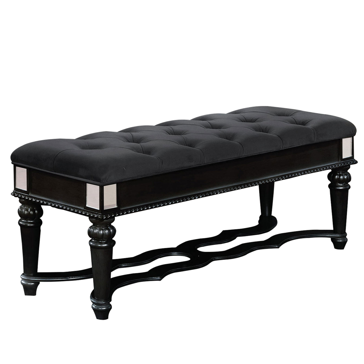 Fabric Padded Bench With Deep Button Tufting And Turned Legs, Black- Saltoro Sherpi