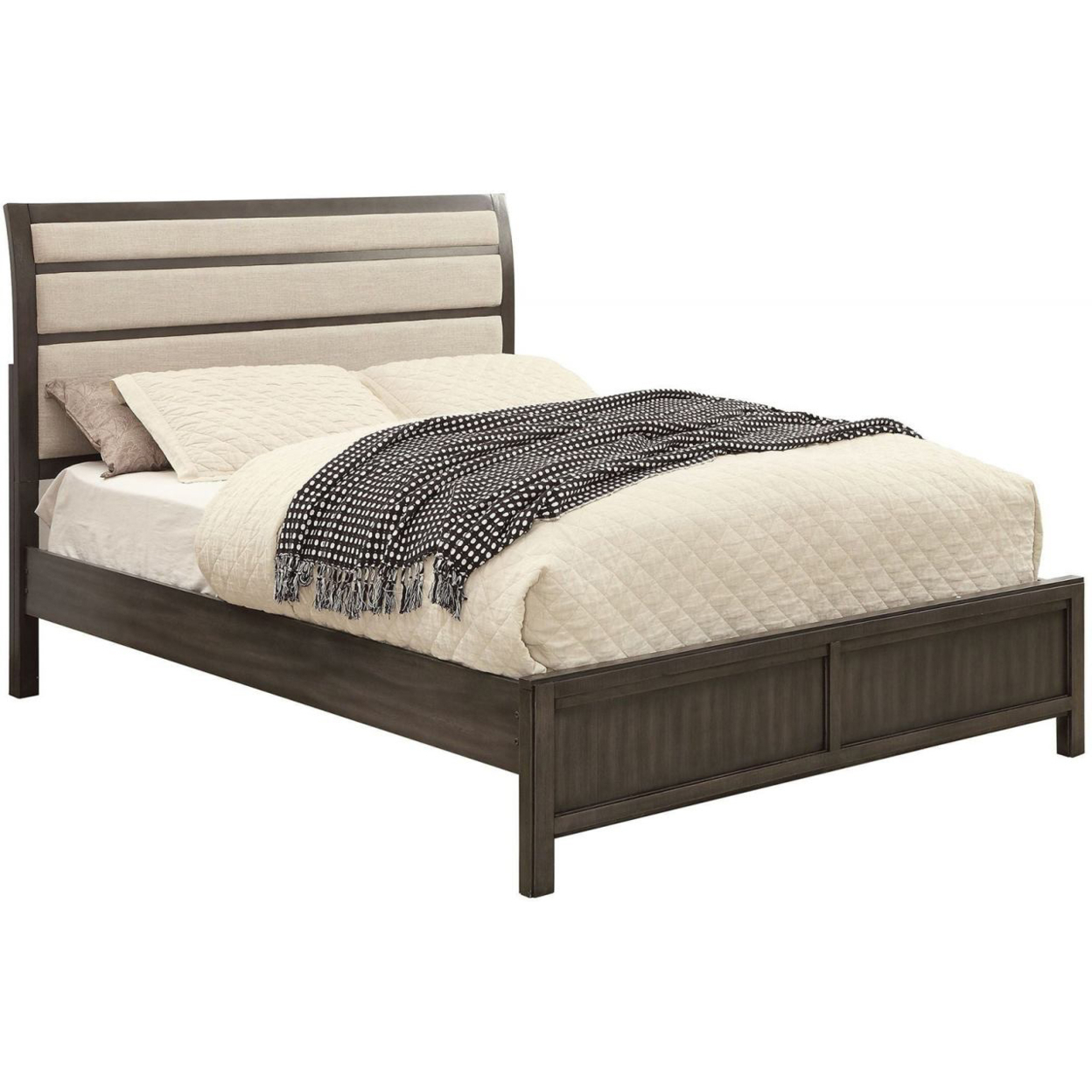 Platform Style Eastern King Bed With Padded Sleigh Headboard,Gray And Beige- Saltoro Sherpi