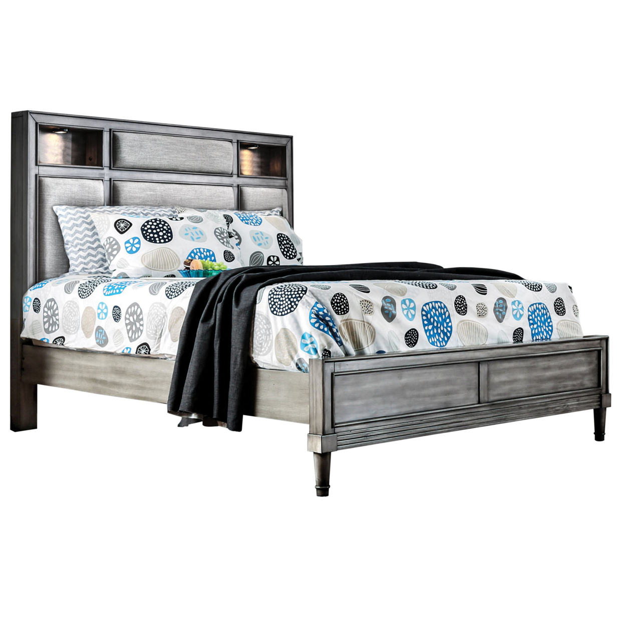 Wooden Queen Size Bed With Padded Fabric Headboard And LED Lights, Gray- Saltoro Sherpi