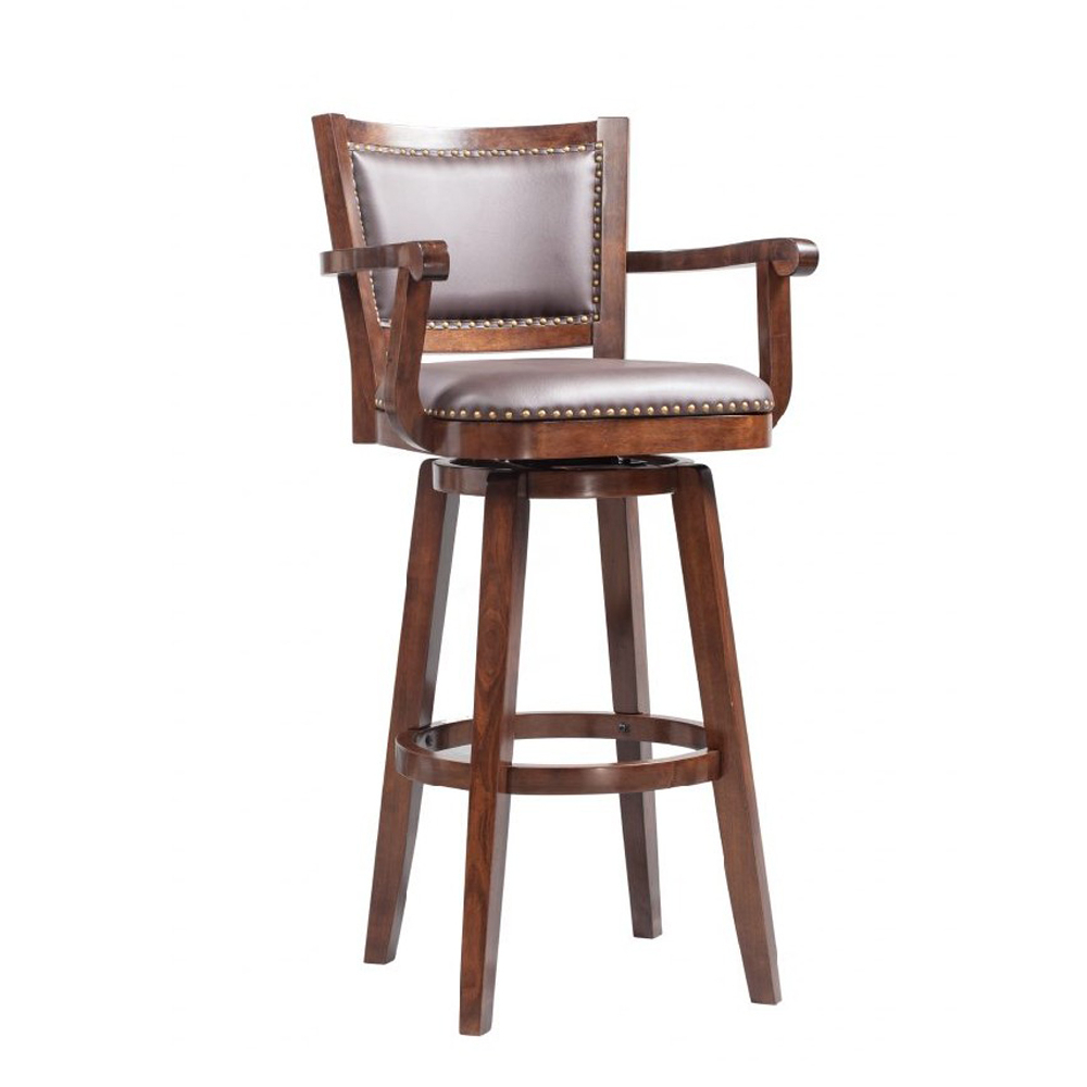 Nailhead Trim Faux Leather Upholstered Barstool With Wooden Arms, Dark Brown- Saltoro Sherpi