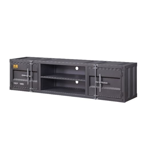 Industrial Container Style TV Stand With Two Open Shelves, Gray- Saltoro Sherpi