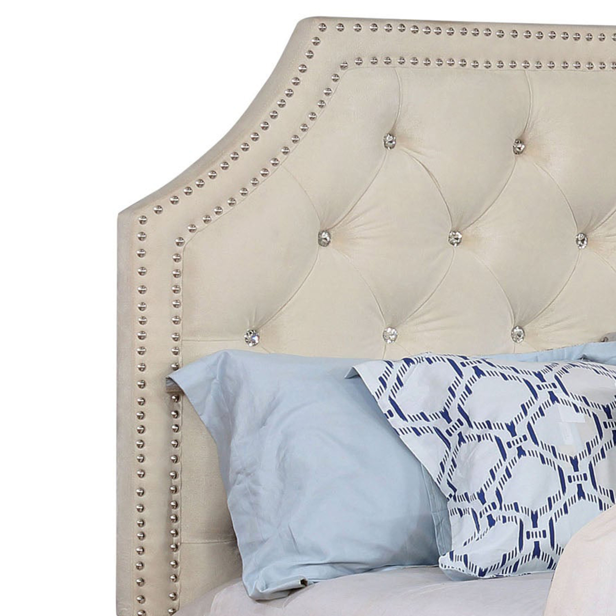 Crystal Button Tufted Wooden Full Bed With Corner Cut Board Design, Beige- Saltoro Sherpi