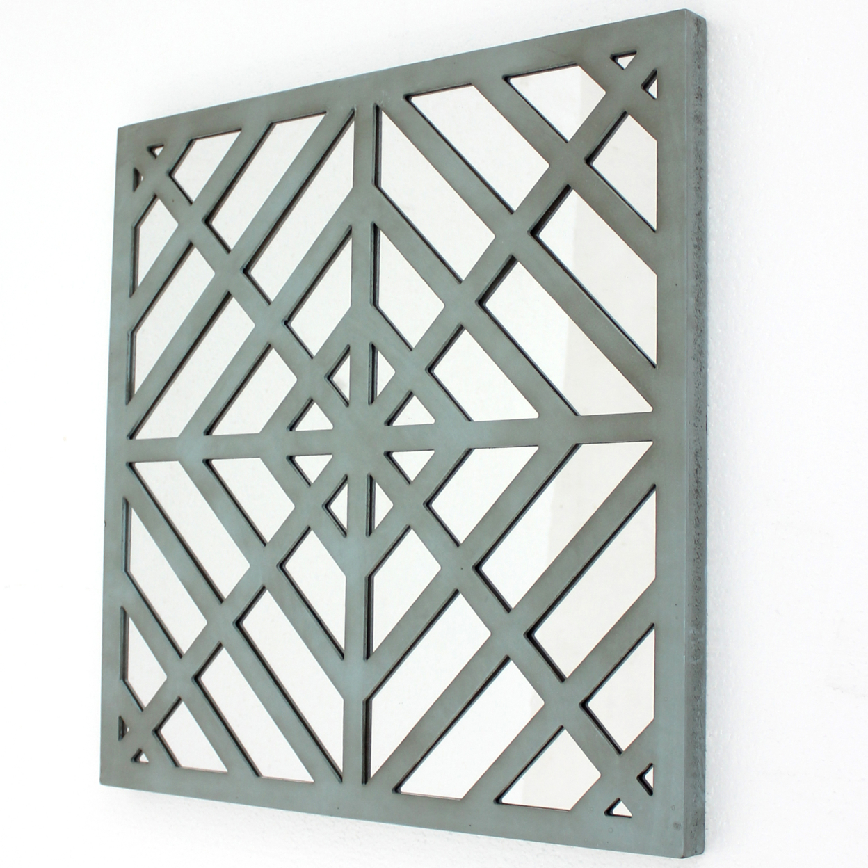 Contemporary Mirrored Wall Decor With Geometric Overlay On Top, Blue And Silver- Saltoro Sherpi
