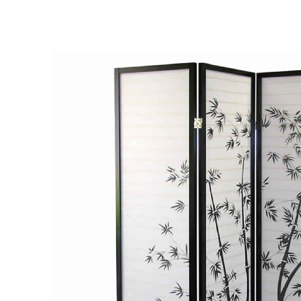 Wood And Paper 4 Panel Room Divider With Bamboo Print, White And Black- Saltoro Sherpi