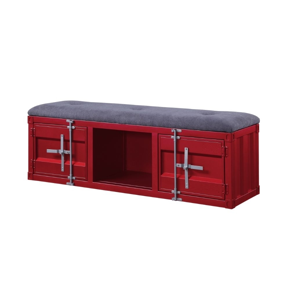 2 Metal Door Storage Bench With Open Compartment And Fabric Upholstery, Red- Saltoro Sherpi