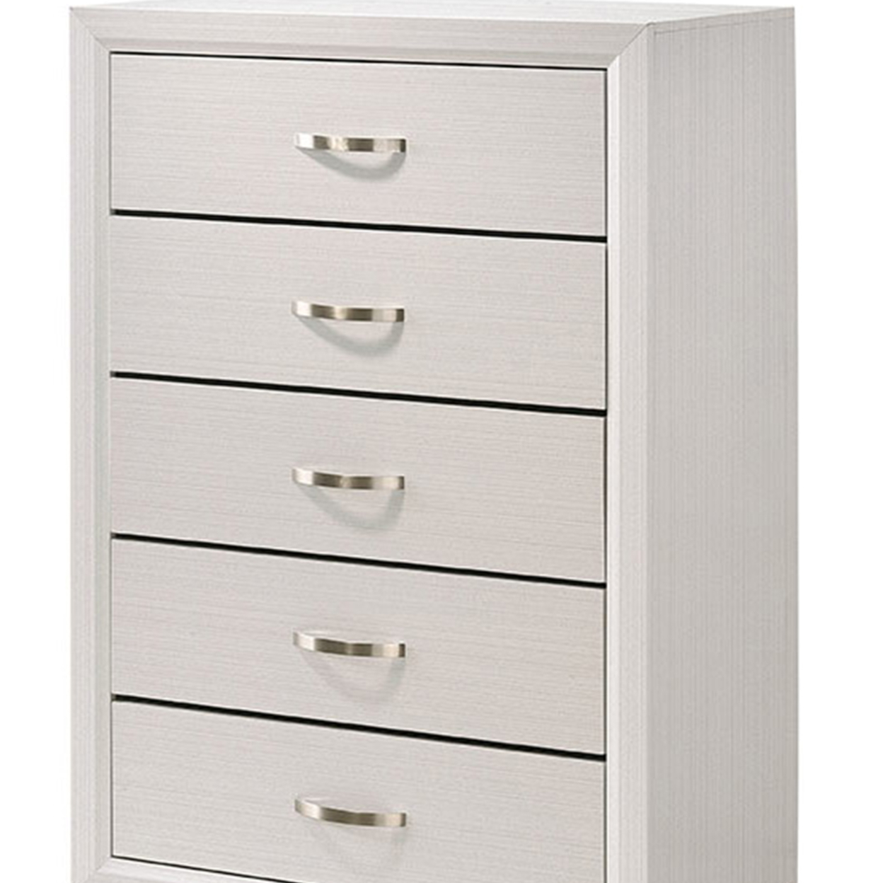 Transitional 5 Drawer Chest With Curved Handle And Chamfered Feet, White- Saltoro Sherpi